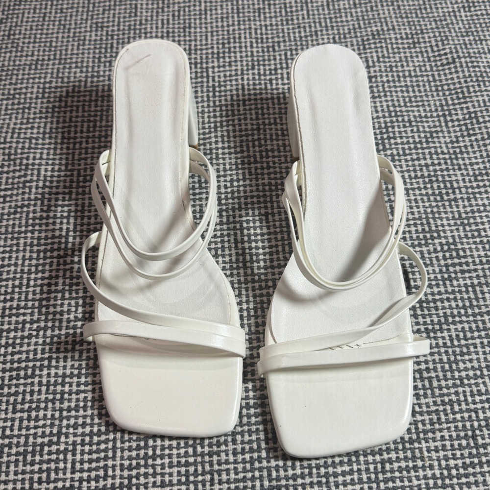 White Strappy Square Toe Block Heel Sandals Womens Size 42 Minimalist Slides